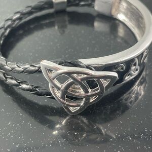 Black Braided Leather Bracelet with Silver Celtic Knot Accent